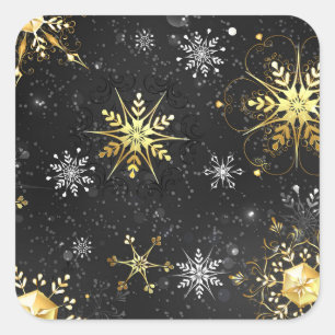 Xmas Golden Snowflakes on Black Background Square Sticker