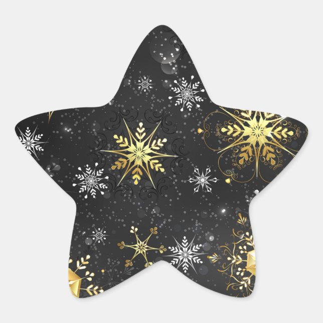 Xmas Golden Snowflakes on Black Background Star Sticker (Front)