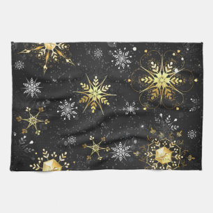 Xmas Golden Snowflakes on Black Background Tea Towel