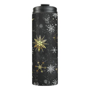 Xmas Golden Snowflakes on Black Background Thermal Tumbler