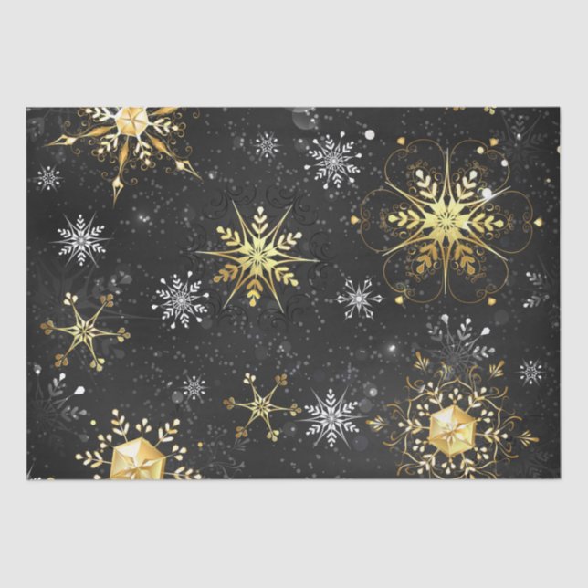 Xmas Golden Snowflakes on Black Background Tissue Paper (Front)