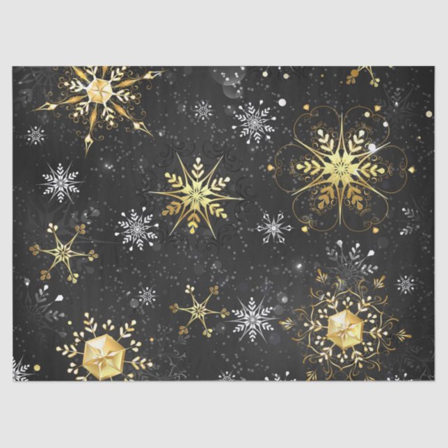 Xmas Golden Snowflakes on Black Background Tissue Paper (Front)
