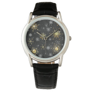 Xmas Golden Snowflakes on Black Background Watch