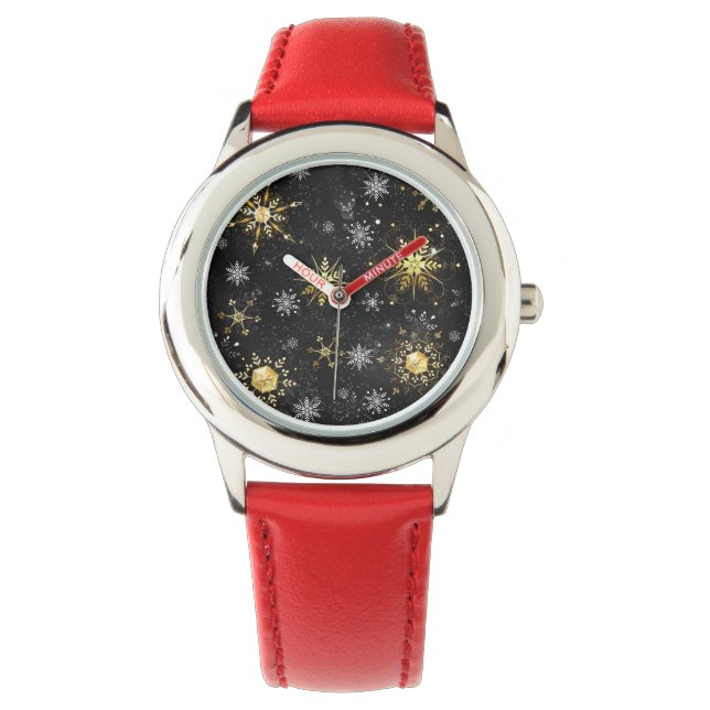 Xmas Golden Snowflakes on Black Background Watch (Front)
