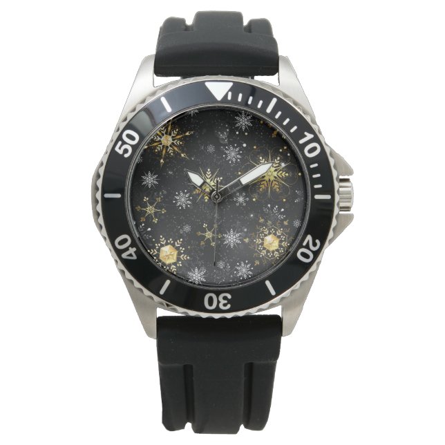 Xmas Golden Snowflakes on Black Background Watch (Front)