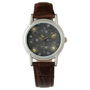 Xmas Golden Snowflakes on Black Background Watch