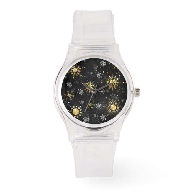 Xmas Golden Snowflakes on Black Background Watch (Front)
