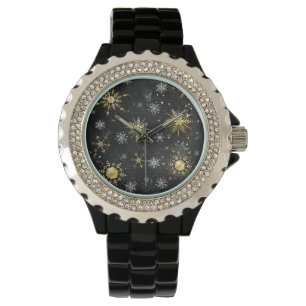 Xmas Golden Snowflakes on Black Background Watch