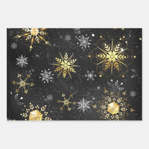 Xmas Golden Snowflakes on Black Background Wrapping Paper Sheet