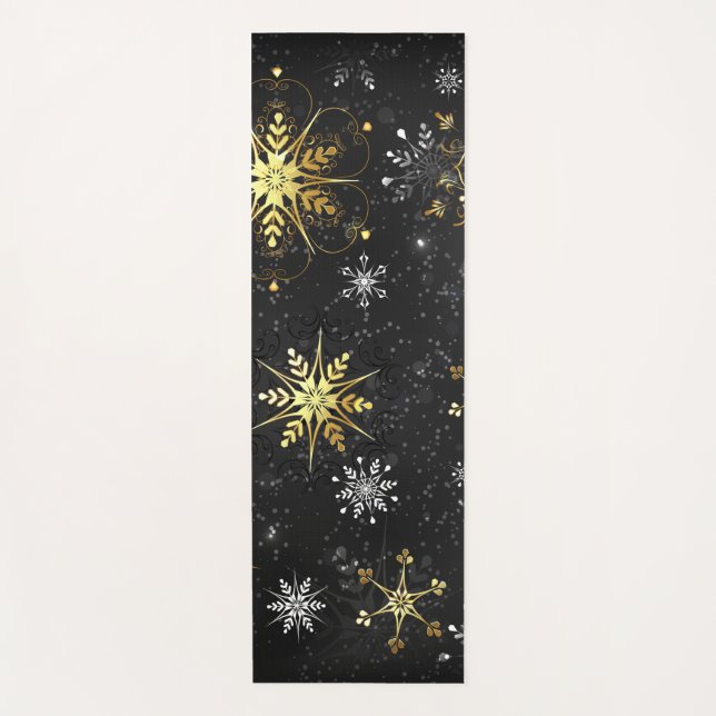 Xmas Golden Snowflakes on Black Background Yoga Mat (Front)