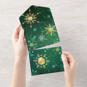Xmas Golden Snowflakes on Green Background All In One Invitation