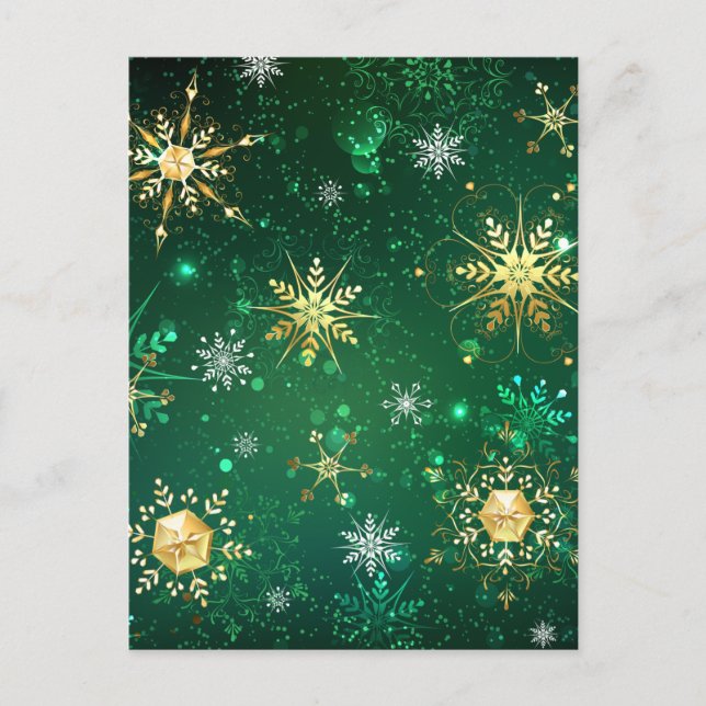 Xmas Golden Snowflakes on Green Background Announcement Postcard (Front)