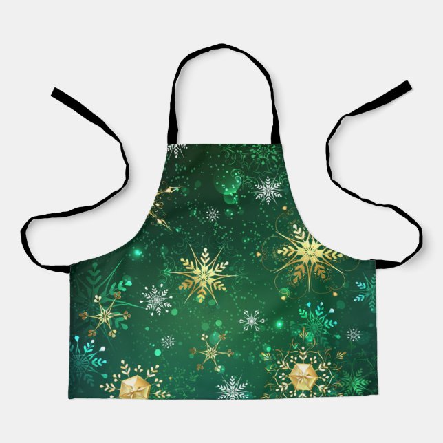 Xmas Golden Snowflakes on Green Background Apron (Front)