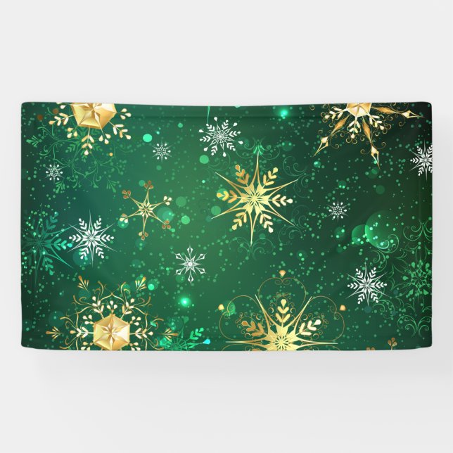 Xmas Golden Snowflakes on Green Background Banner (Horizontal)