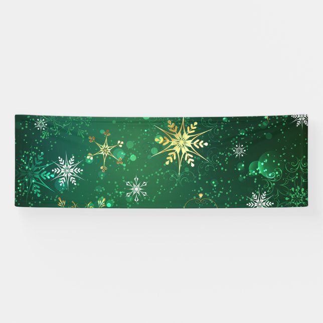 Xmas Golden Snowflakes on Green Background Banner (Horizontal)