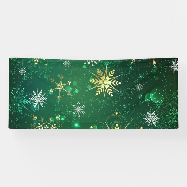 Xmas Golden Snowflakes on Green Background Banner (Horizontal)