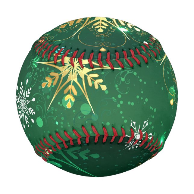 Xmas Golden Snowflakes on Green Background Baseball (Front)