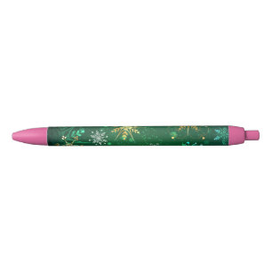 Xmas Golden Snowflakes on Green Background Black Ink Pen
