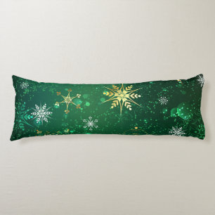 Xmas Golden Snowflakes on Green Background Body Cushion