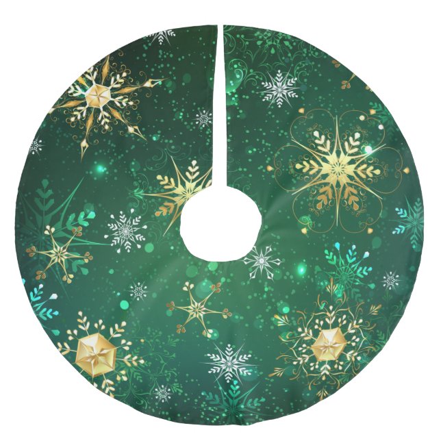 Xmas Golden Snowflakes on Green Background Brushed Polyester Tree Skirt (Front)