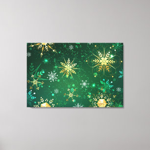 Xmas Golden Snowflakes on Green Background Canvas Print