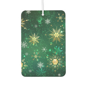 Xmas Golden Snowflakes on Green Background Car Air Freshener