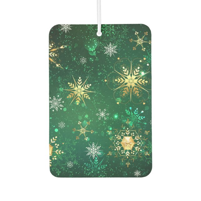 Xmas Golden Snowflakes on Green Background Car Air Freshener (Front)