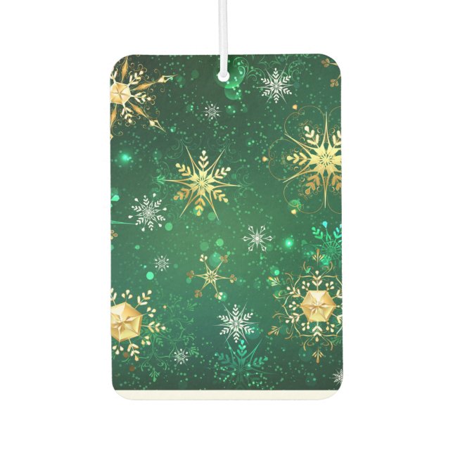 Xmas Golden Snowflakes on Green Background Car Air Freshener (Front)