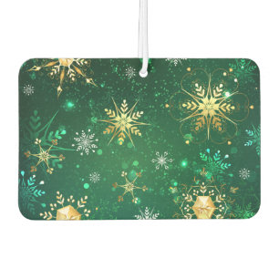 Xmas Golden Snowflakes on Green Background Car Air Freshener