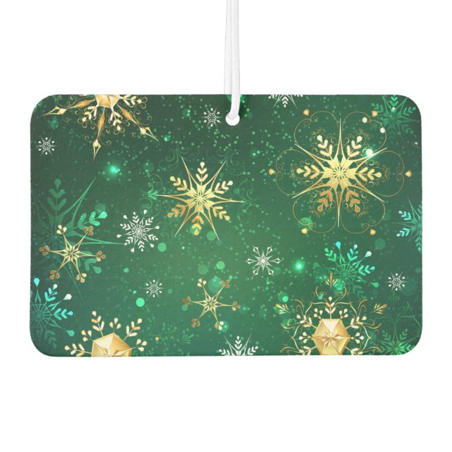 Xmas Golden Snowflakes on Green Background Car Air Freshener (Front)
