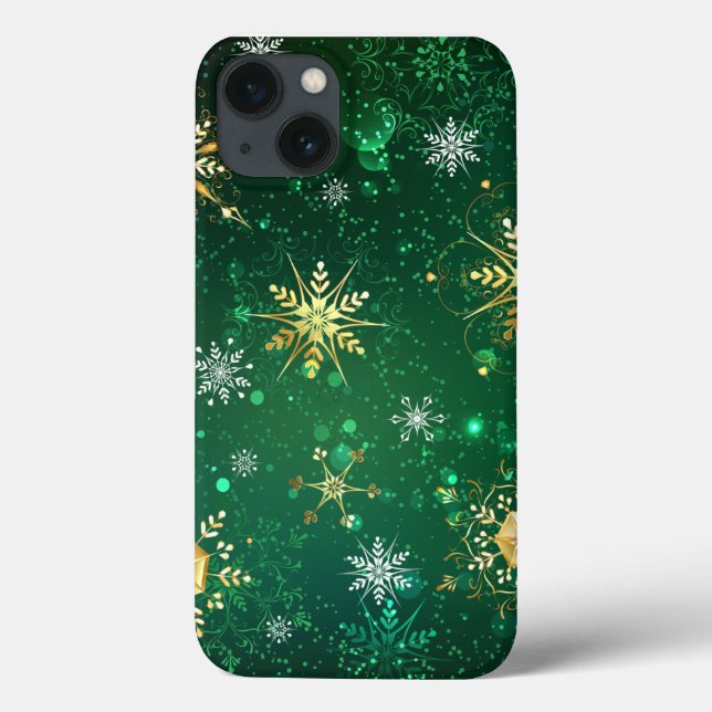 Xmas Golden Snowflakes on Green Background Case-Mate iPhone Case (Back)