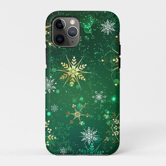Xmas Golden Snowflakes on Green Background Case-Mate iPhone Case (Back)