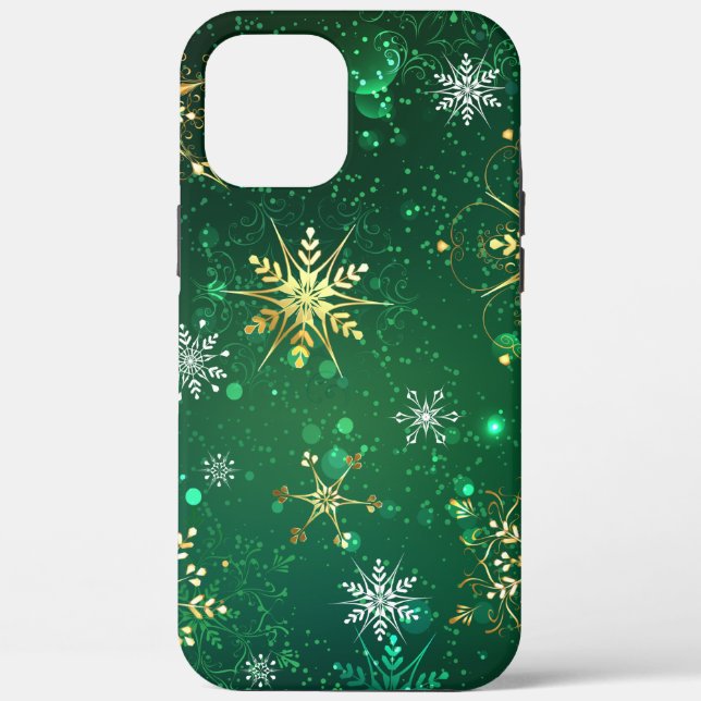 Xmas Golden Snowflakes on Green Background Case-Mate iPhone Case (Back)