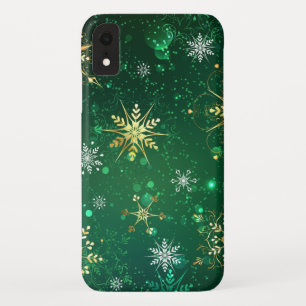 Xmas Golden Snowflakes on Green Background iPhone XR Case