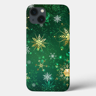 Xmas Golden Snowflakes on Green Background iPhone 13 Case