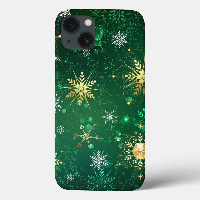 Xmas Golden Snowflakes on Green Background Case-Mate iPhone Case (Back)