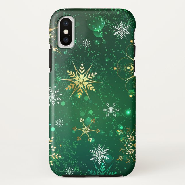 Xmas Golden Snowflakes on Green Background Case-Mate iPhone Case (Back)