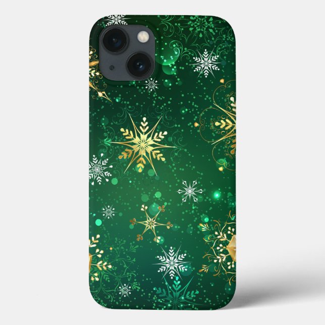 Xmas Golden Snowflakes on Green Background Case-Mate iPhone Case (Back)