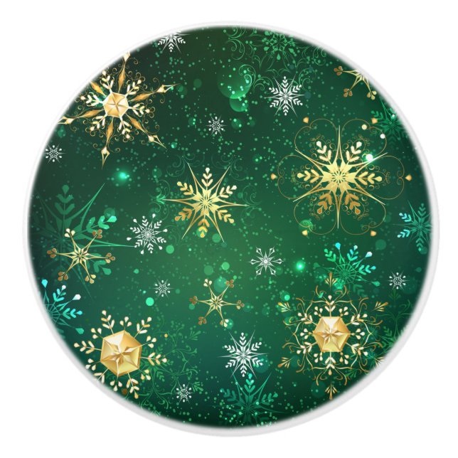 Xmas Golden Snowflakes on Green Background Ceramic Knob (Front)
