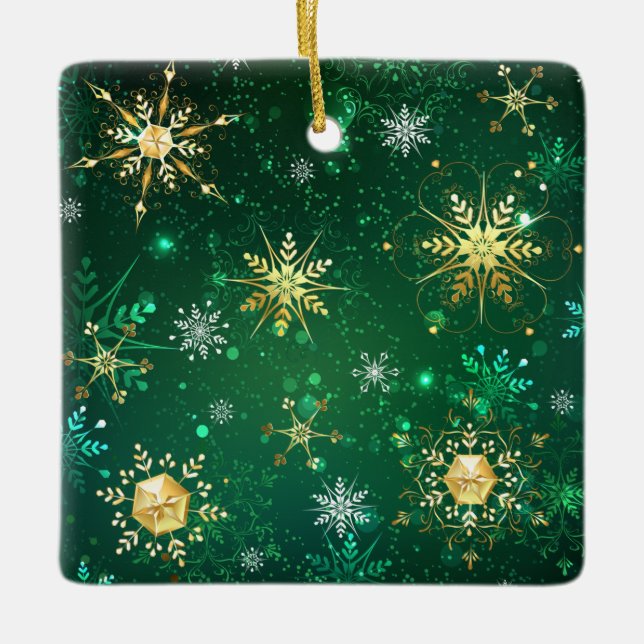 Xmas Golden Snowflakes on Green Background Ceramic Ornament (Front)