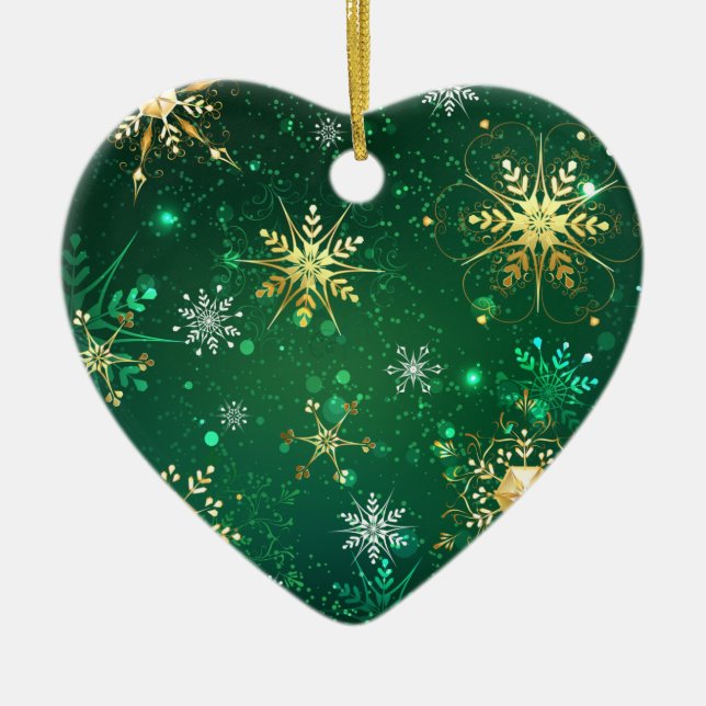 Xmas Golden Snowflakes on Green Background Ceramic Tree Decoration (Front)