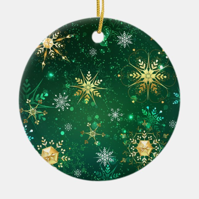 Xmas Golden Snowflakes on Green Background Ceramic Tree Decoration (Front)