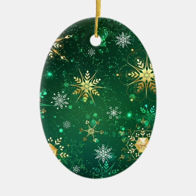 Xmas Golden Snowflakes on Green Background Ceramic Tree Decoration (Front)