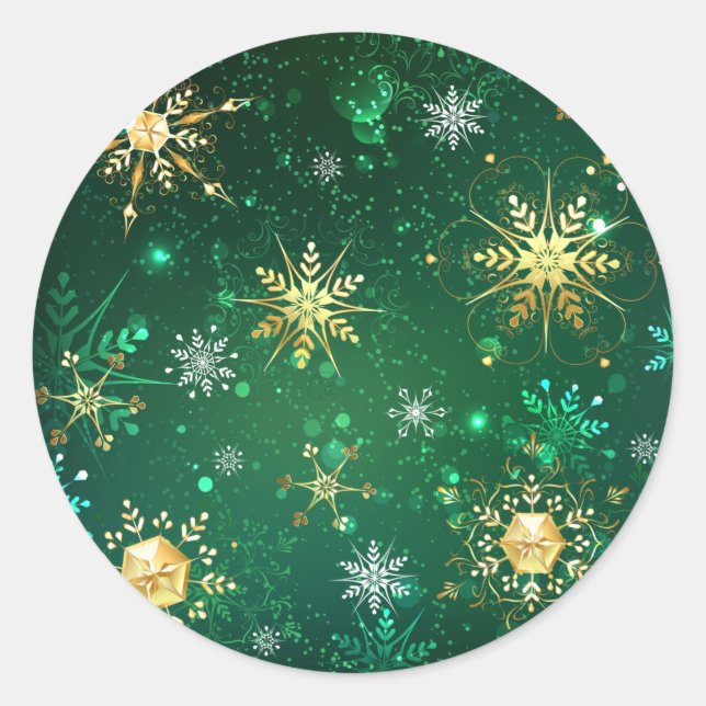 Xmas Golden Snowflakes on Green Background Classic Round Sticker (Front)