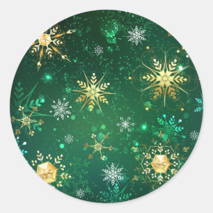 Xmas Golden Snowflakes on Green Background Classic Round Sticker