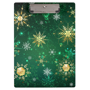 Xmas Golden Snowflakes on Green Background Clipboard