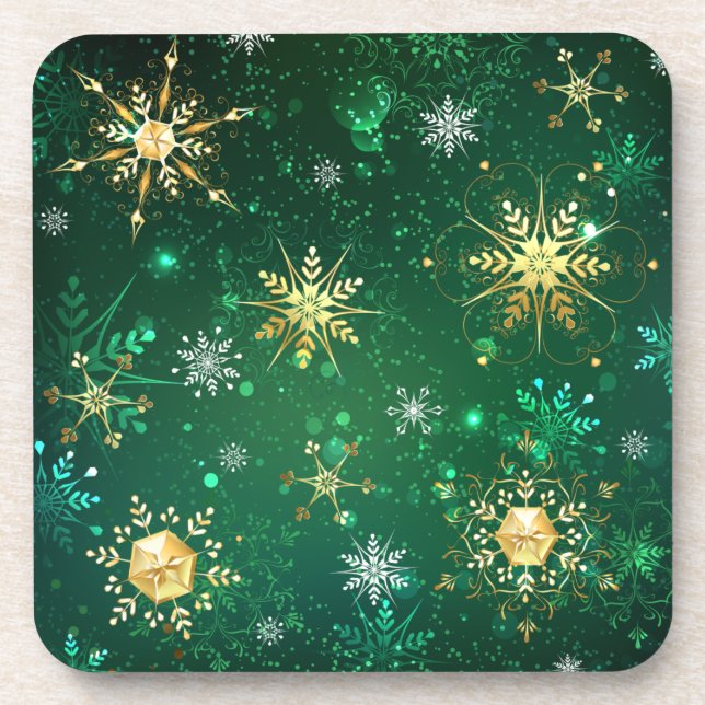 Xmas Golden Snowflakes on Green Background Coaster (Front)