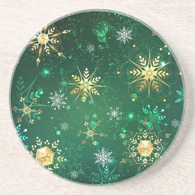 Xmas Golden Snowflakes on Green Background Coaster (Front)