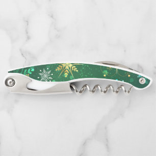 Xmas Golden Snowflakes on Green Background Corkscrew
