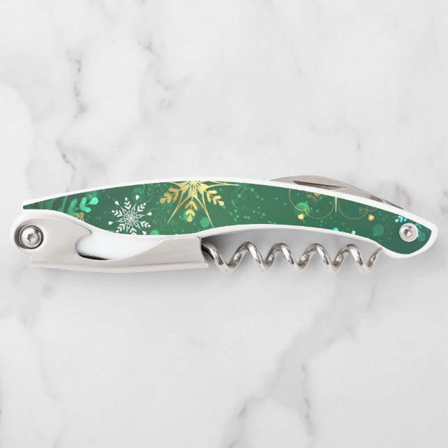 Xmas Golden Snowflakes on Green Background Corkscrew (Front)